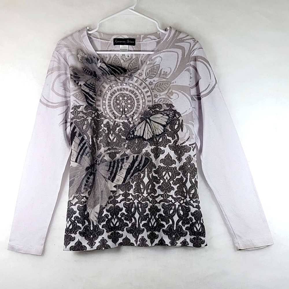 Vintage Appropriate Behavior Butterfly V-Neck Long Sleeve Pullover Top  Size XL